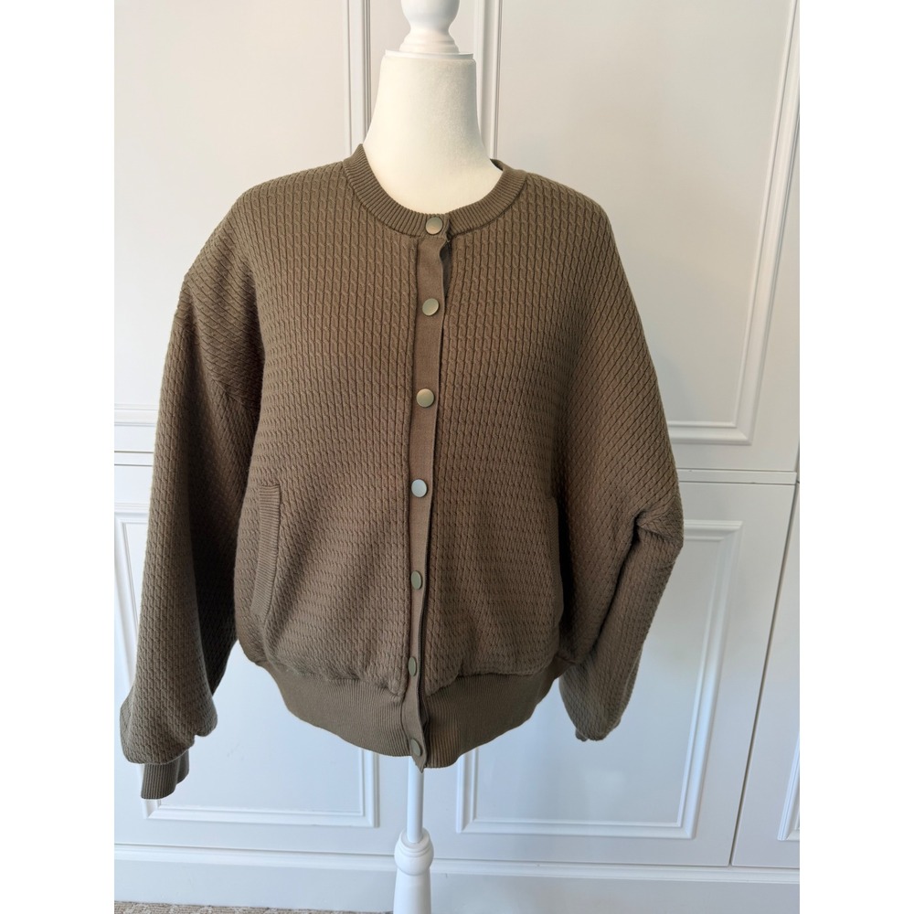 WeWoreWhat Bomber Jacket Women Large Olive Green Excellent Textured Knit Snap